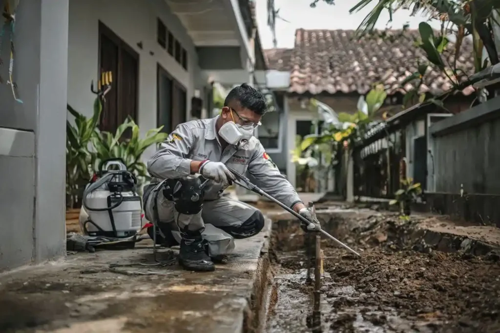 Teknisi jasa anti rayap Surabaya melakukan injeksi tanah di sekitar pondasi bangunan